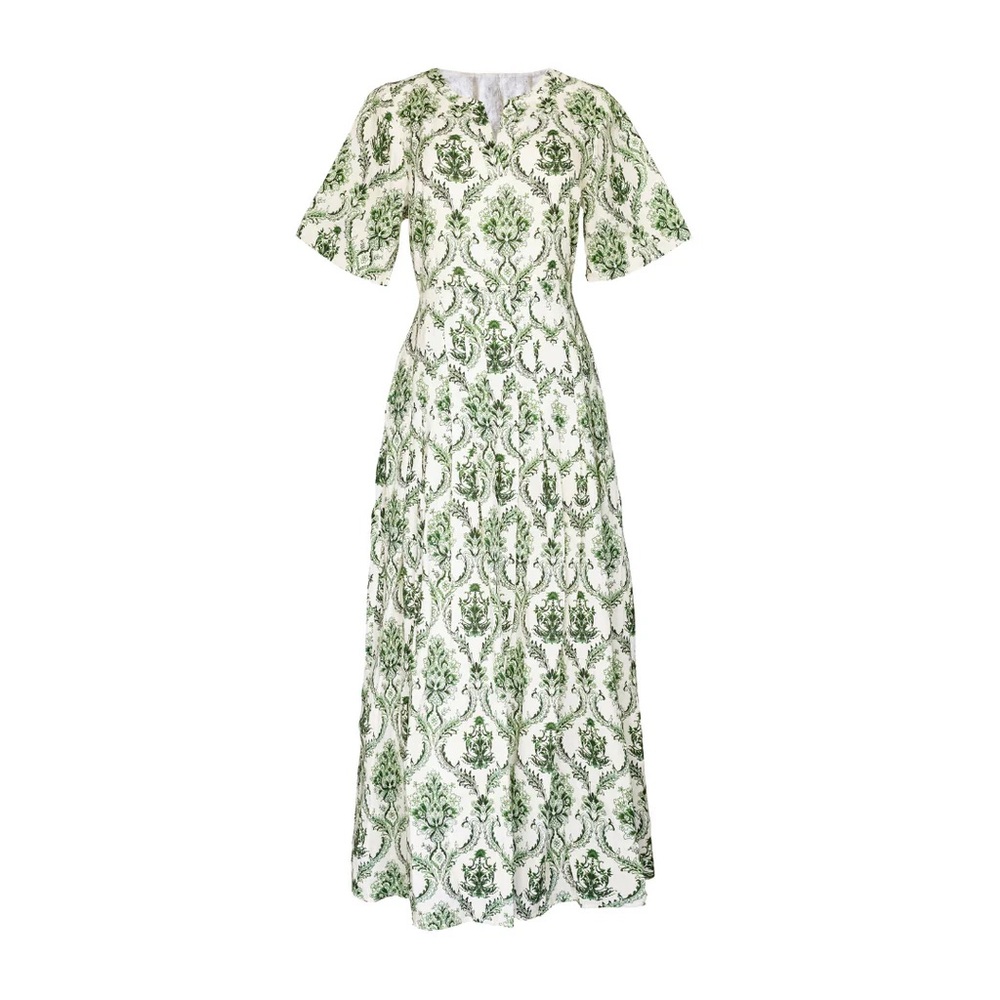 MASON'S DAUGHTER Pleated Midi Dress, Green and Ivory Trellis Print sz S NWT